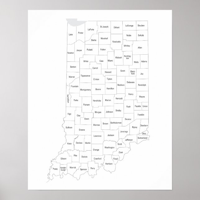 Poster Carte des comtés de l'Indiana avec plan de l'État (Devant)