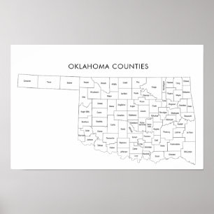 Poster Carte des comtés de l'Oklahoma avec noms de comtés