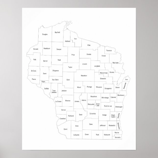 Poster Carte des comtés du Wisconsin dans l'état avec des (Devant)