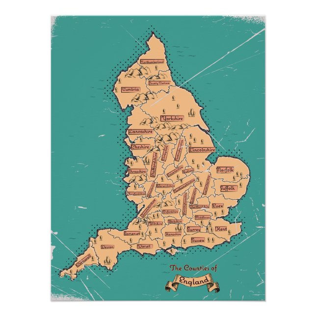 Poster Carte des comtés Vintages d'Angleterre (Devant)
