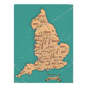 Poster Carte des comtés Vintages d'Angleterre