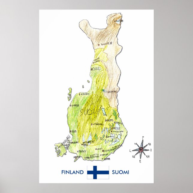 Poster Carte des couleurs de la Finlande (Devant)