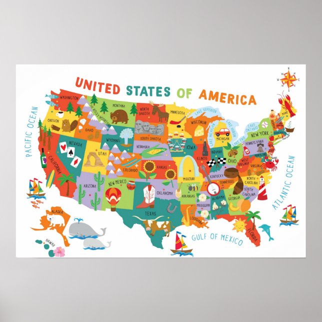 Poster Carte des enfants US Whimsical Cartoon Art États-U (Devant)