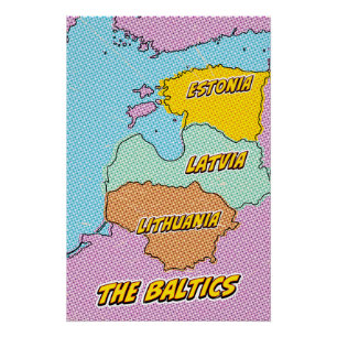 Poster Carte des États baltes illustrées par l'art popula