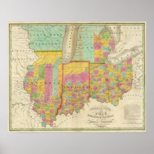 Poster Carte des états de l'Ohio Indiana et de l'Illinois