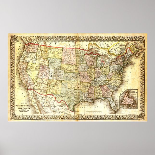 Poster Carte des Etats-Unis (19ème siècle) (Devant)