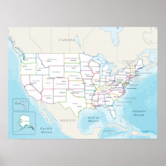 Poster Carte des États-Unis avec les capitales d'État