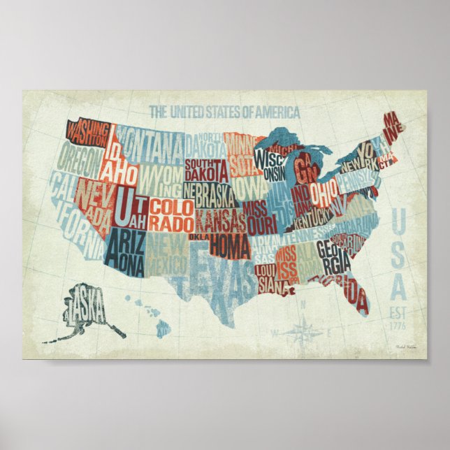 Poster Carte des États-Unis avec les États en mots (Devant)