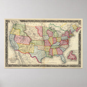 Poster Carte des Etats-Unis, et des territoires