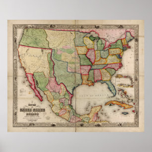 Poster Carte des États-Unis et du Mexique (1847)