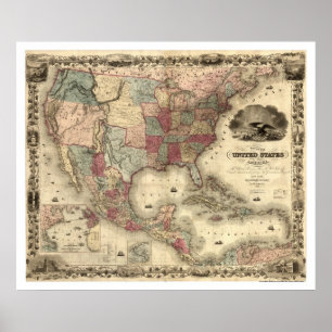 Poster Carte des États-Unis par Colton 1850