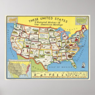 Poster Carte des États-Unis - Patrimoine américain