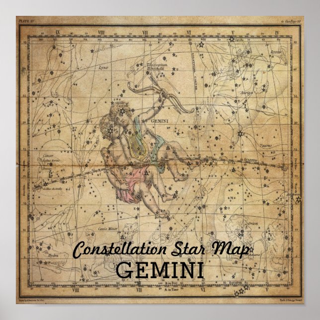 Poster Carte des étoiles de la constellation Gemini Twins (Devant)