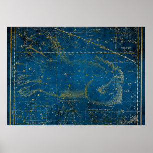 Poster Carte des étoiles vintage illustrée bleu moyen et 