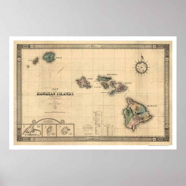 Poster Carte des îles Hawaii Giles - 1876 (Devant)