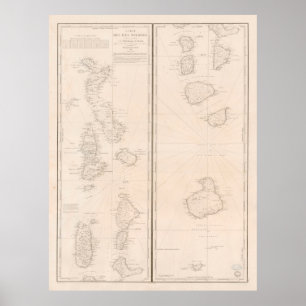 Poster Carte des îles Maldives anciennes (1841) Maldivien