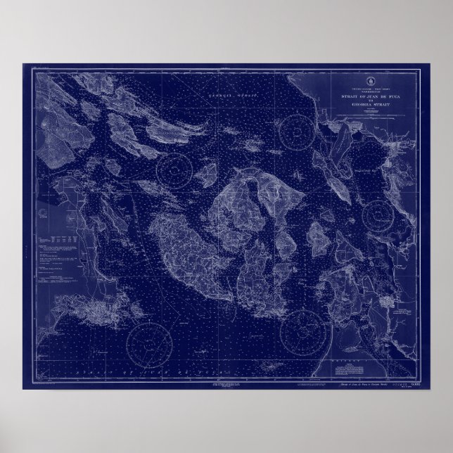 Poster Carte des îles San Juan WA Carte marine Bleu Art (Devant)