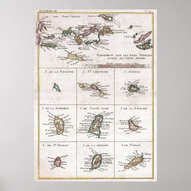Poster Carte des îles vintages des Caraïbes (1780) (Devant)