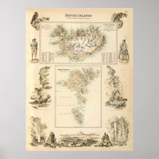 Poster Carte des îles vintages Islande et Féroé (1872) (Devant)