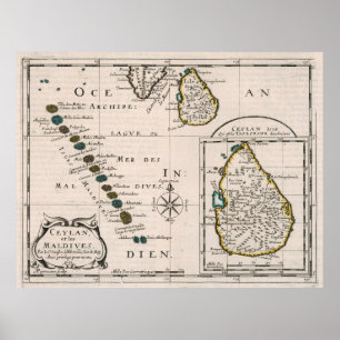 Poster Carte des Maldives vintages et du Sri Lanka (1652)