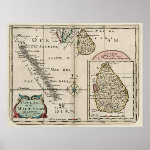 Poster Carte des Maldives vintages et du Sri Lanka (1705)