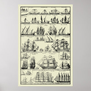 Poster Carte des navires à voile nautiques vintage