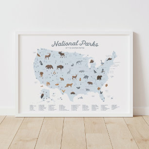 Poster Carte des parcs nationaux bleus Décor de la crèche