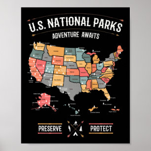 Poster Carte des parcs nationaux des États-Unis Préserver
