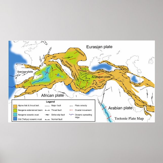 Poster Carte des plaques tectoniques de la Méditerranée & (Devant)
