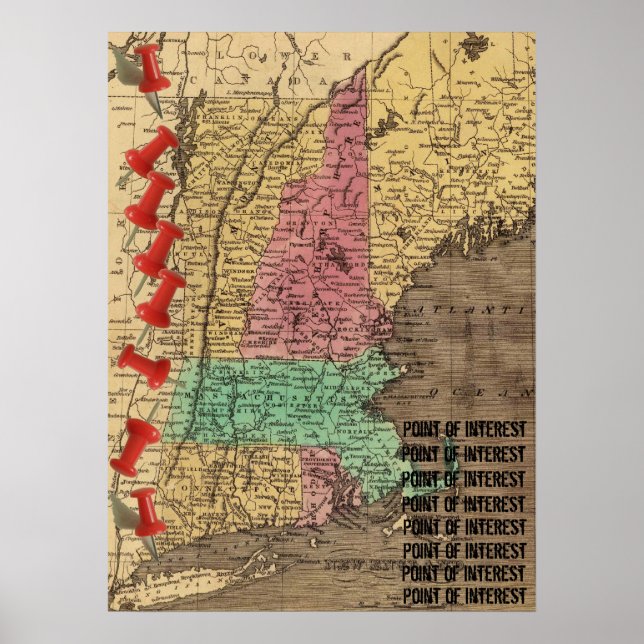 Poster Carte des points d'intérêt de la Nouvelle-Angleter (Devant)