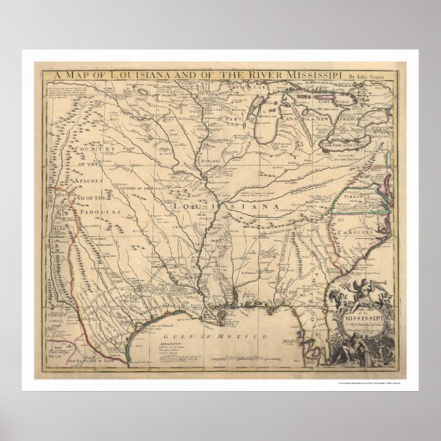 Poster Carte des premiers États-Unis par Senex 1721 (Devant)