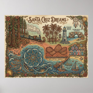Poster Carte des rêves de Santa Cruz Californie – Côte vi