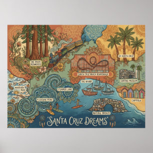 Poster Carte des rêves de Santa Cruz Californie – Côte vi