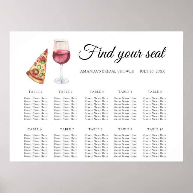 Poster Carte des sièges Mariage de pizza et vin d'aquarel (Devant)
