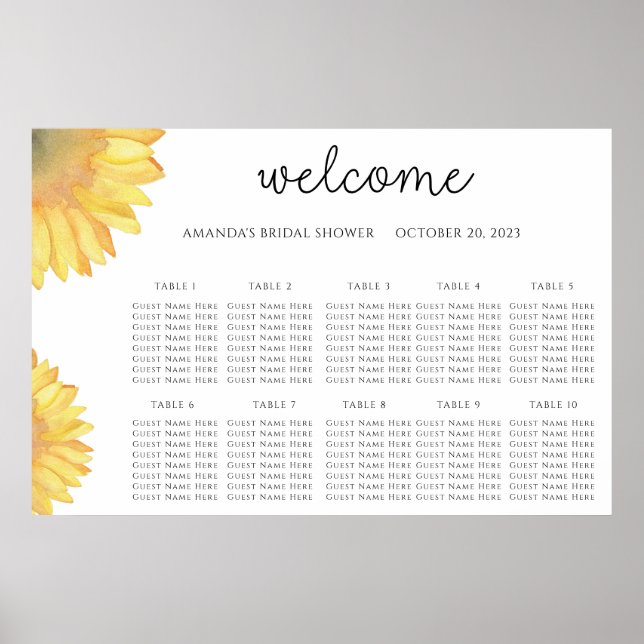 Poster Carte des sièges mariage de tournesol d'aquarelle (Devant)