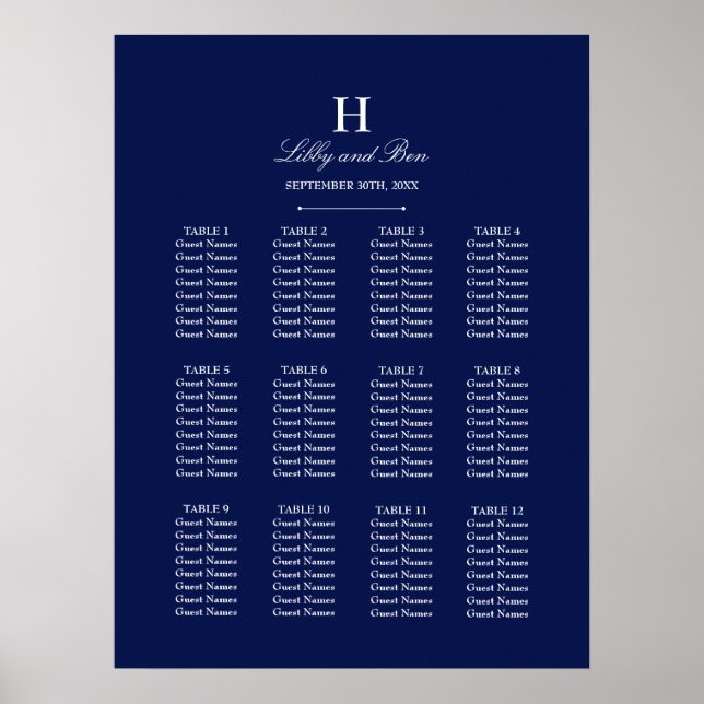 Poster Carte des sièges Mariages à la mode Marine et Blan (Devant)