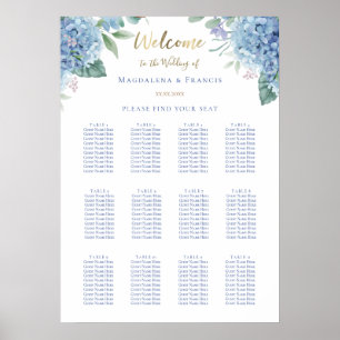 Poster carte des sièges mariages bleu hydrangea
