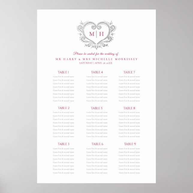 Poster Carte des sièges mariages de couronne rouge et arg (Devant)