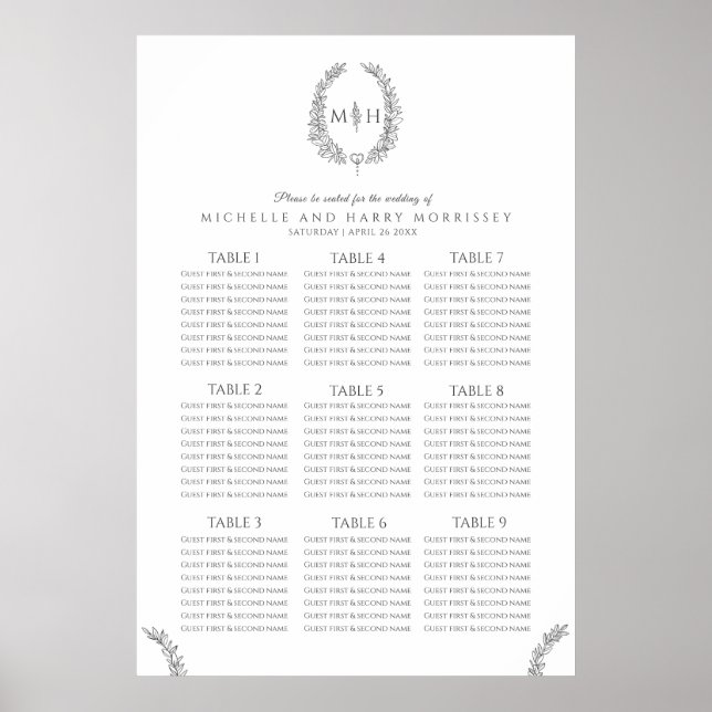 Poster Carte des sièges mariages en feuille gris foncé (Devant)