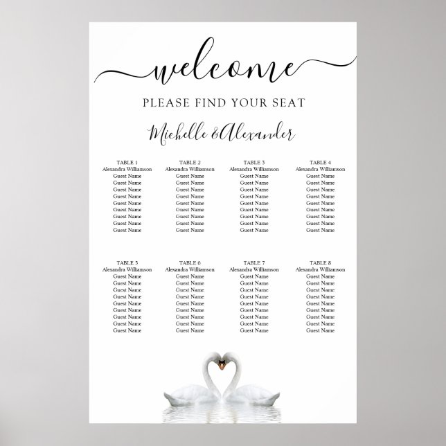 Poster Carte des sièges mariages inséparables de cygne bl (Devant)