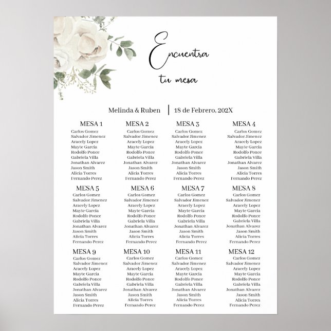 Poster Carte des sièges mariages Rose blanche (Devant)