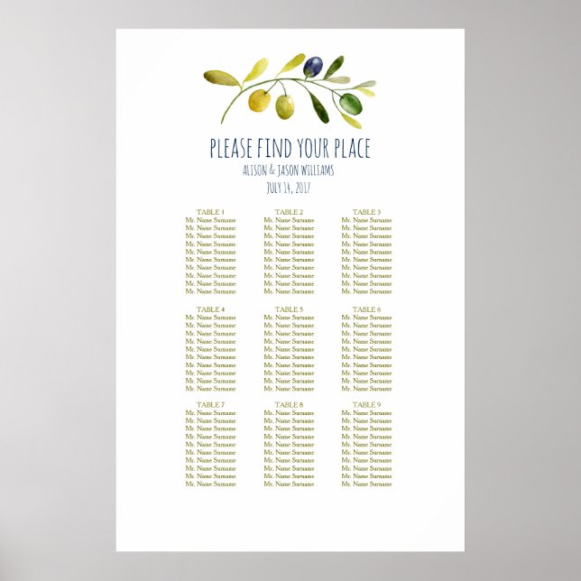 Poster Carte des sièges pour mariage de branche d'olive (Devant)