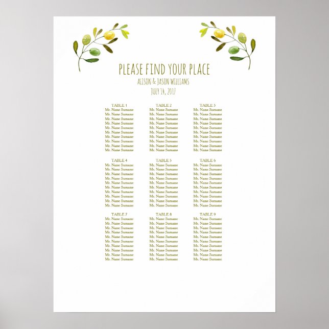 Poster Carte des sièges pour mariage de branche d'olive (Devant)