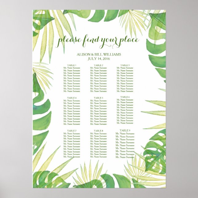 Poster Carte des sièges pour mariages feuille tropicaux (Devant)