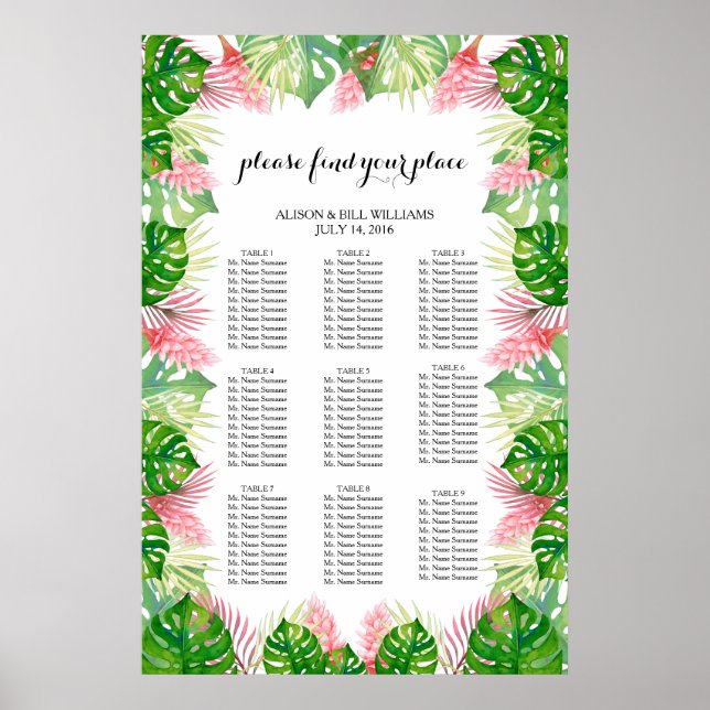 Poster Carte des sièges pour mariages feuille tropicaux (Devant)