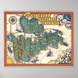 Poster Carte des stations sans fil des Postes, Grande-Bre