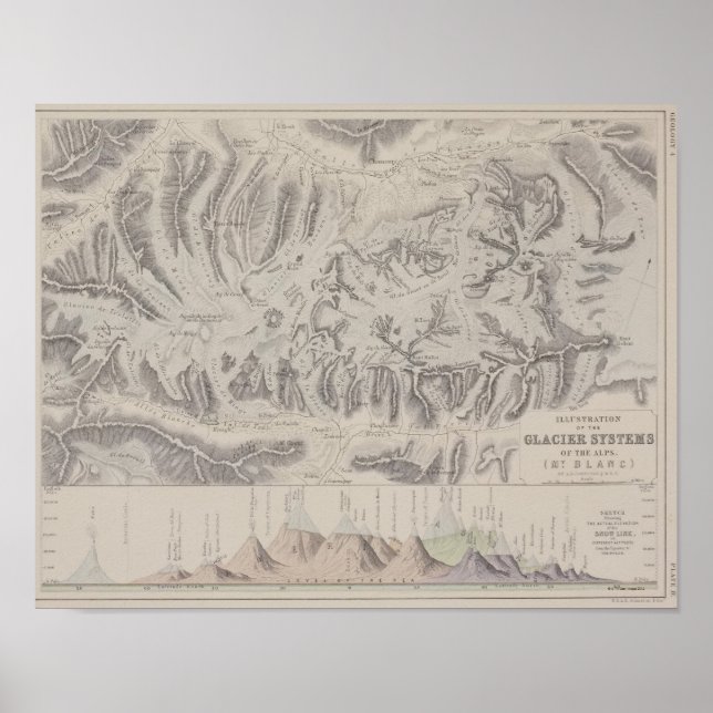 Poster Carte des systèmes glaciaires des Alpes (Devant)