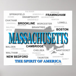 Poster Carte des villes et villes du Massachusetts State 