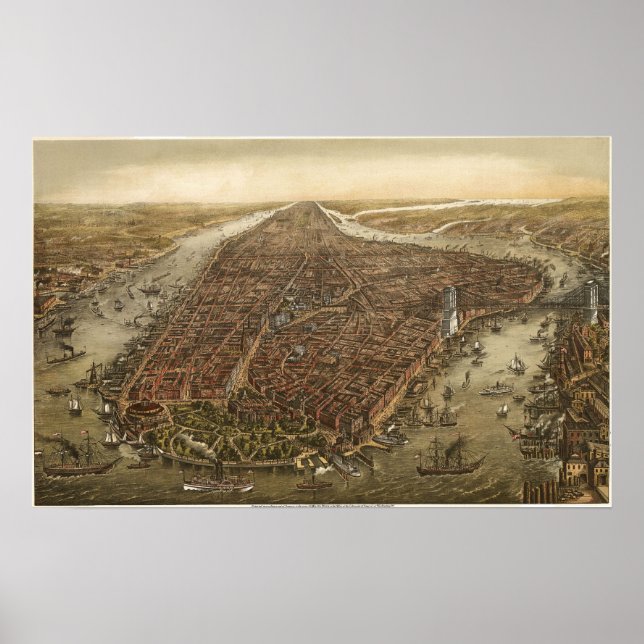 Poster Carte des yeux d'oiseaux de Manhattan New York Cit (Devant)