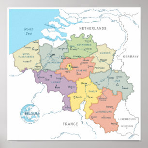 Poster Carte détaillée de la Belgique